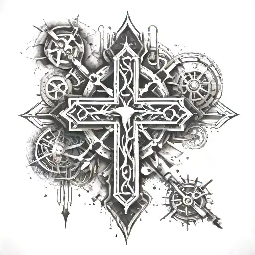 Create a tattoo featuring a cross made out of engineering tools and surrounded by animals tattoo design idea