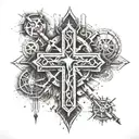 Create a tattoo featuring a cross made out of engineering tools and surrounded by animals tattoo design idea