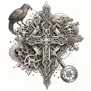 Create a tattoo featuring a cross made out of engineering tools and surrounded by animals tattoo design idea