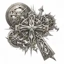 Create a tattoo featuring a cross made out of engineering tools and surrounded by animals tattoo design idea