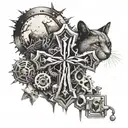 Create a tattoo featuring a cross made out of engineering tools and surrounded by animals tattoo design idea