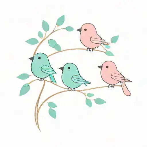Three small birds representing each child in pink, mint green, and blue colors tattoo design idea