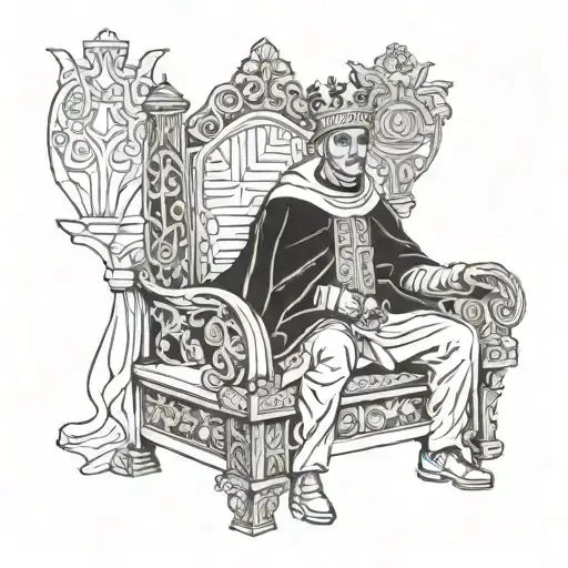 King Baldwin IV of Jerusalem sitting on his throne with his metal mask, positioned with one leg on his arm rest,arrogant tattoo design idea