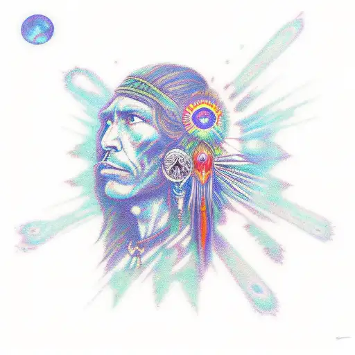 psychedelic shaman with peace pipe, sunset and galactics stars and univers, Pacifica,  tattoo design idea