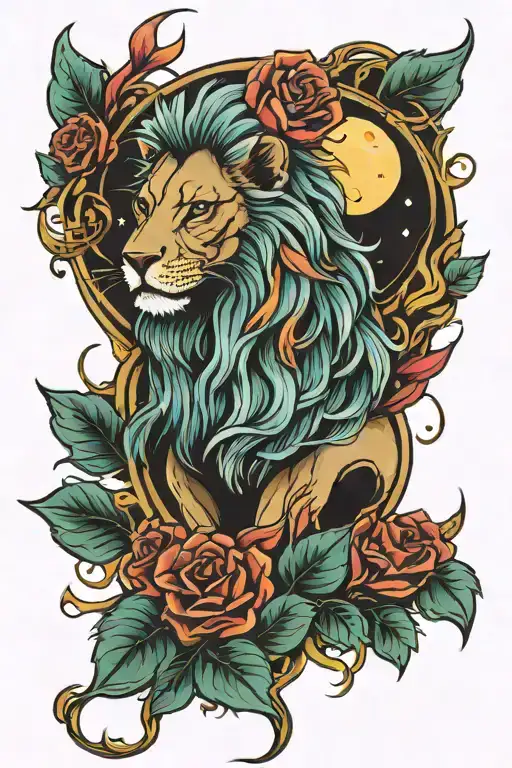 phoenix rose lion moon colorful tattoo design idea