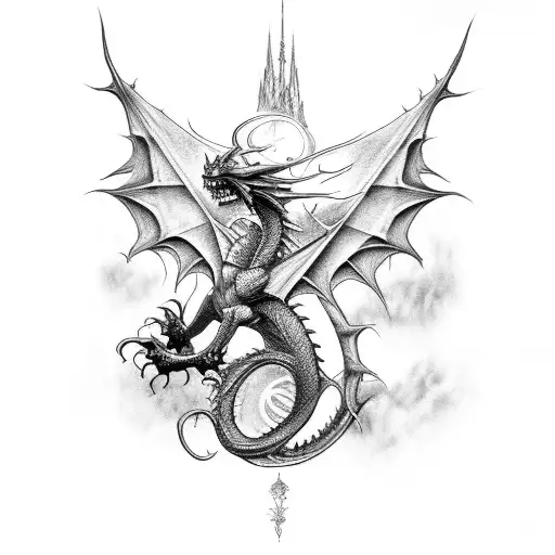 A dragon inspired by fantasy books in a black-grey style tattoo design idea
