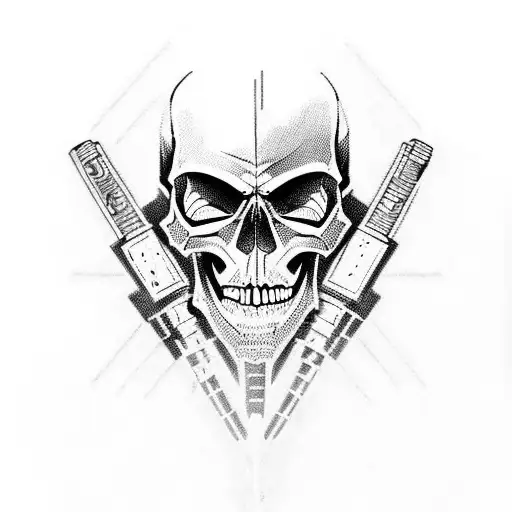 skull with sabers in cyberpunk style  tattoo design idea