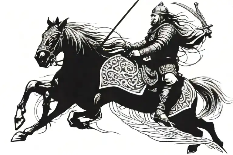 ancient Tatar-Mongol warrior on a horse with a saber tattoo design idea