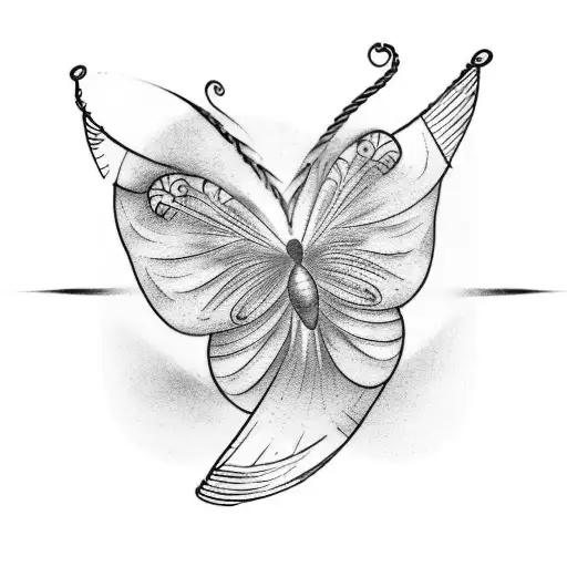 A minimalist tattoo depicting a small purple butterfly perched on a harp string, with three sets of three footprints below, representing the number 333. tattoo design idea