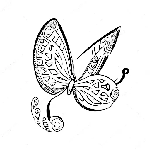 A whimsical scene of a purple butterfly gracefully landing on a harp, with its wings adorned with tiny footprints in the shape of the number 333. tattoo design idea