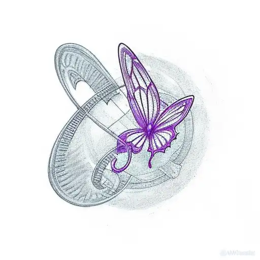 A minimalist tattoo depicting a small purple butterfly perched on a harp string, with three sets of three footprints below, representing the number 333. tattoo design idea