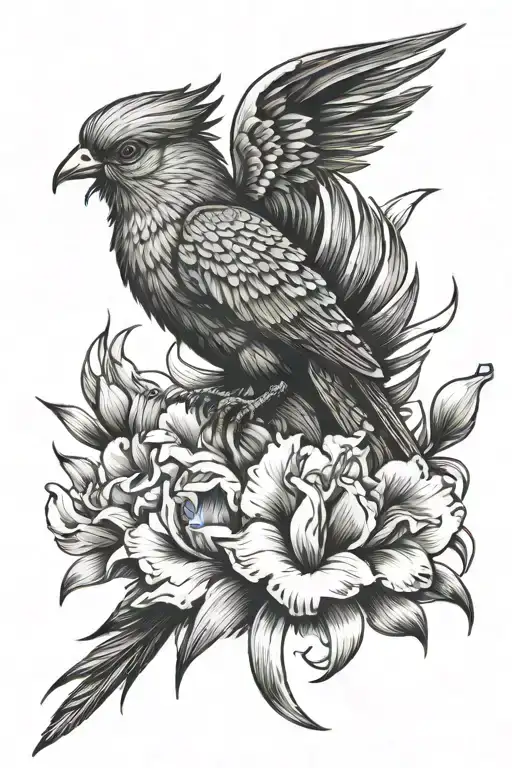 quetzal bird with gladiolas flowers tattoo design idea