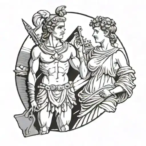 attic white-ground style painting of apollo and artemis holding a phiale  tattoo design idea