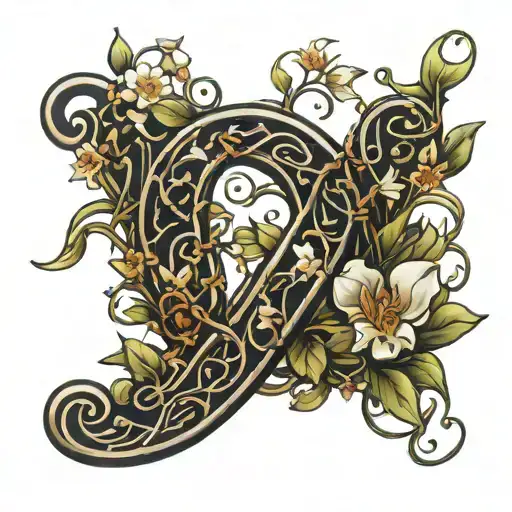 an amber letter A, wrapped in Jasmine vines and flowers which form a letter J tattoo design idea
