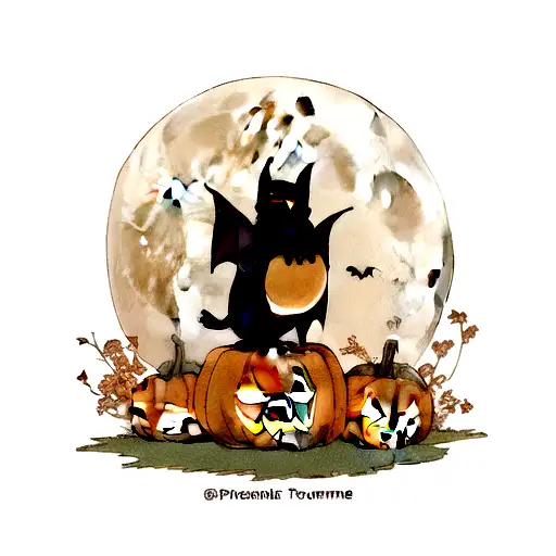 Moon above a majestic bat sat on a pumpkin tattoo design idea