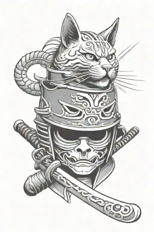 cat samurai helmet and katana sword in jaw tattoo design idea