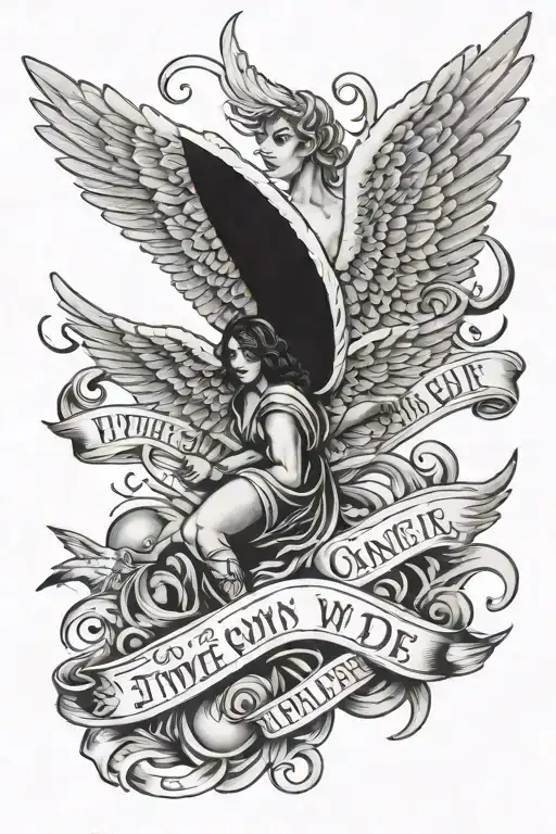 Angel, flying shells, below the inscription "either win or die" tattoo design idea