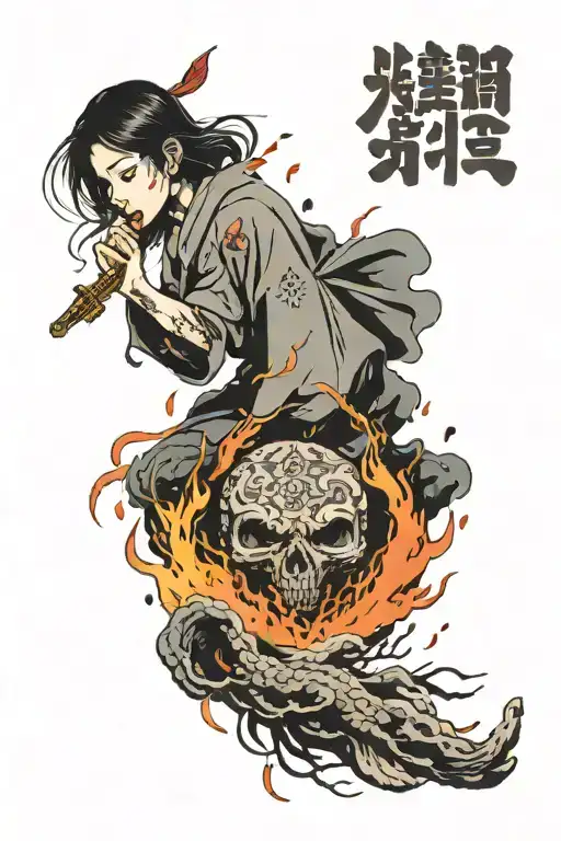 Angel, rain of mines, fire and heart in hands, below the inscription "either win or die" tattoo design idea