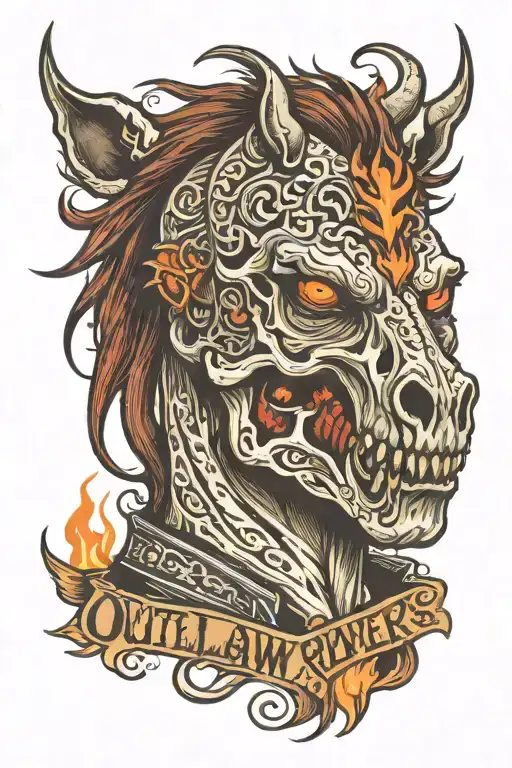 flamed zombie horse , outlaw man phrase on top in flaming shades , devildriver  tattoo design idea