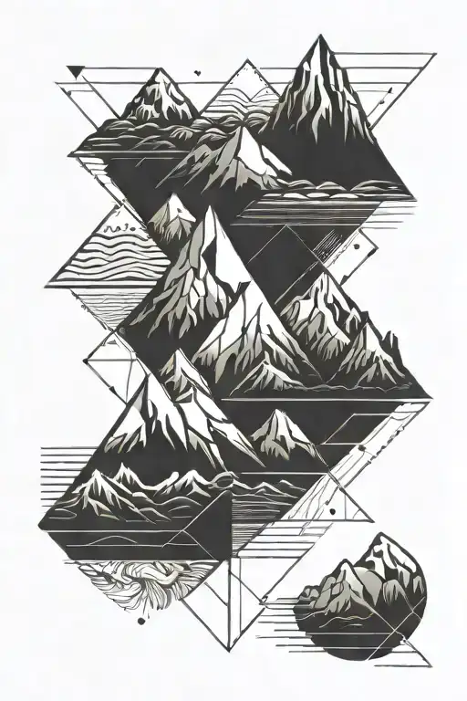 geometric shapes and straight lines surrounding a mountain for forearm tattoo design idea