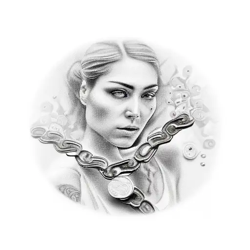 A realistic and intricate tattoo of a woman holding a bike chain with money falling all around her, symbolizing your ambition to work hard and succeed while maintaining your independence. tattoo design idea