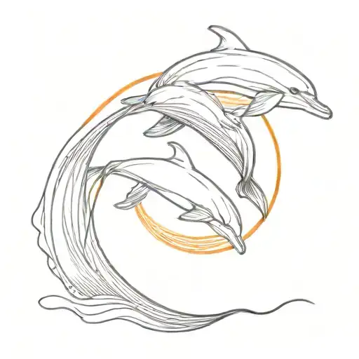 a couple of dolphins, 3 waves, sunset tattoo design idea