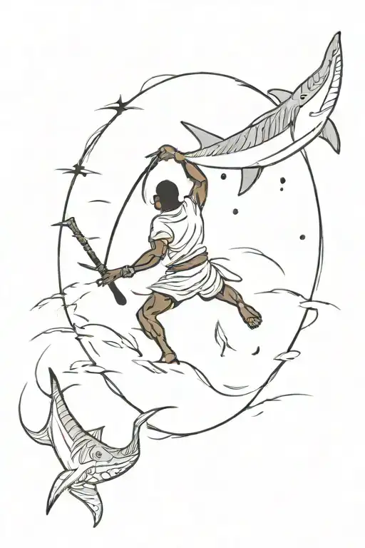 A african Warrior Falling With Shield & Spear In Hand Into Sharks circling in the water below  tattoo design idea