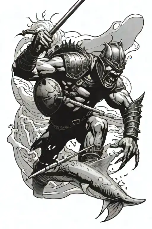a zulu warrior falling off land, with shield & spear in hand into shark infested water tattoo design idea