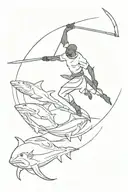 A african Warrior Falling With Shield & Spear In Hand Into Sharks circling in the water below  tattoo design idea