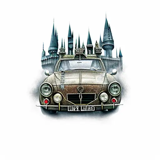 Harry potter, castle hogwarts, boxer willow, flying ford anglia car tattoo design idea