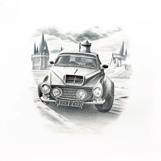 Harry potter, castle hogwarts, boxer willow, flying ford anglia car tattoo design idea