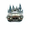 Harry potter, castle hogwarts, boxer willow, flying ford anglia car tattoo design idea