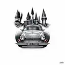 Harry potter, castle hogwarts, boxer willow, flying ford anglia car tattoo design idea