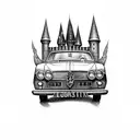 Harry potter, castle hogwarts, boxer willow, flying ford anglia car tattoo design idea