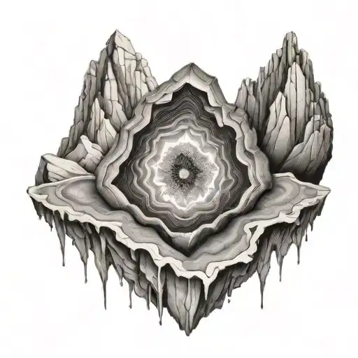 A black-grey tattoo of a geode split open to reveal a beautiful crystal formation inside, surrounded by mountain silhouettes tattoo design idea