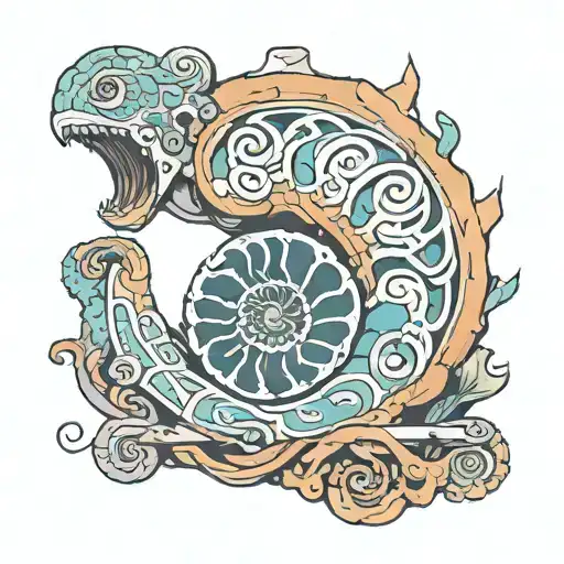 A colorful new-school interpretation of an ammonite fossil emerging from a rocky cliff face tattoo design idea