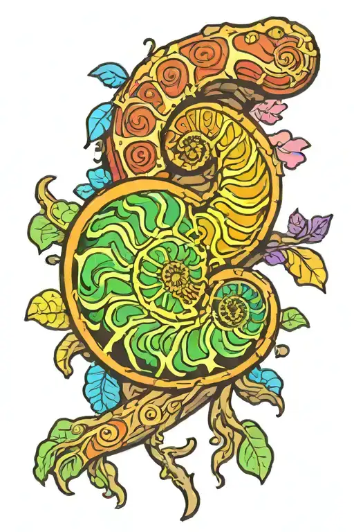 A colorful new-school interpretation of an ammonite fossil emerging from a rocky cliff face tattoo design idea