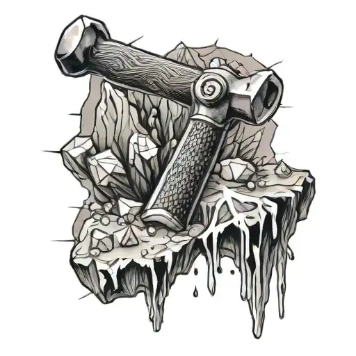 A black-grey tattoo of a geologist's hammer breaking open a rock to reveal a stunning crystal formation inside tattoo design idea