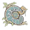 A colorful new-school interpretation of an ammonite fossil emerging from a rocky cliff face tattoo design idea