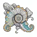 A colorful new-school interpretation of an ammonite fossil emerging from a rocky cliff face tattoo design idea