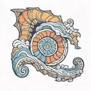 A colorful new-school interpretation of an ammonite fossil emerging from a rocky cliff face tattoo design idea