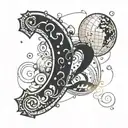 Tattoo sketch of a question mark where it's dot is a globe, and there is a shadow of a generic person's profile in it tattoo design idea