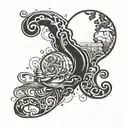 Tattoo sketch of a question mark where it's dot is a globe, and there is a shadow of a generic person's profile in it tattoo design idea