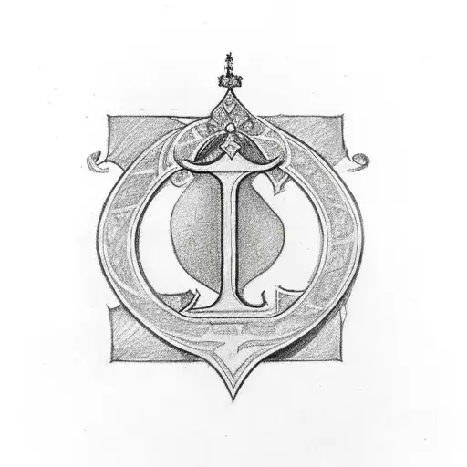 old English letter E with a small crown dangling on the corner of it tattoo design idea