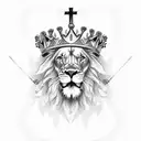 Lion of Judah with crown on head holding a cross tattoo design idea