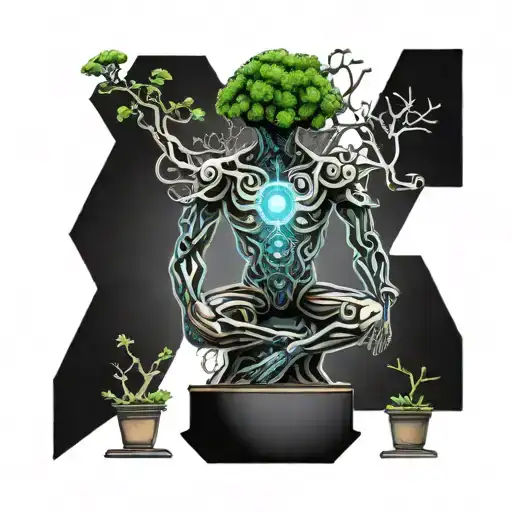 A futuristic cyborg with intricate circuitry patterns integrated with a bonsai tree, symbolizing the harmony between technology and nature tattoo design idea