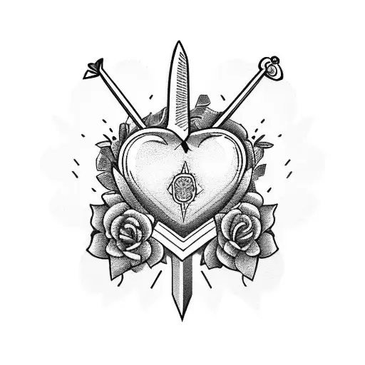 heart with sword piercing through top right, a flower crown around the heart and flowers around the heart tattoo design idea