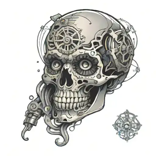 color-infused black and grey tattoo of a sugar skull with a mechanical or cyber punk theme tattoo design idea