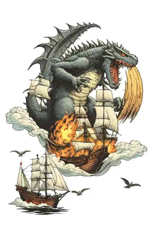 godzilla destroying ships going to shore tattoo design idea