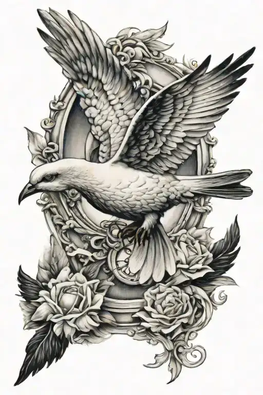 dove flying and three cross at the bottom with a crying eye with cross in pupil  tattoo design idea